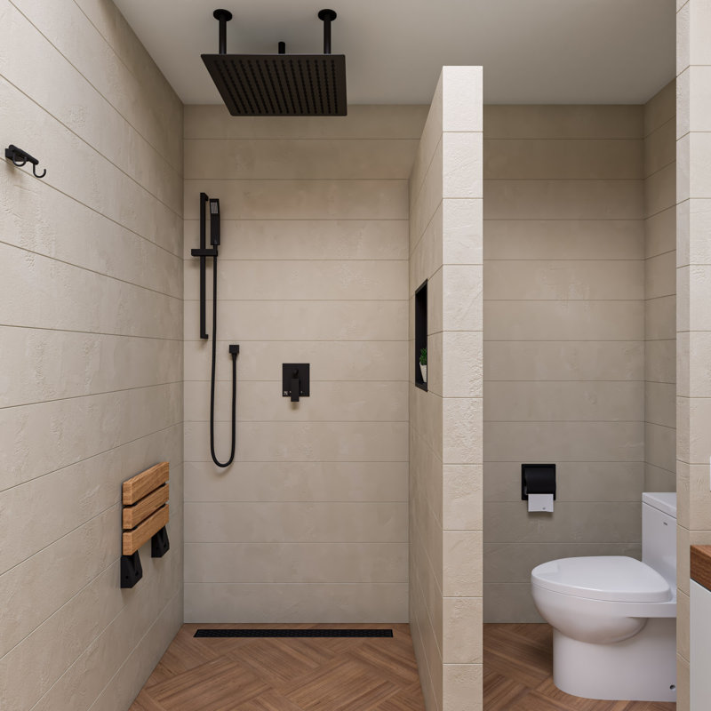 Foldable Teak and Black Matte Shower Seat with Square Hardware