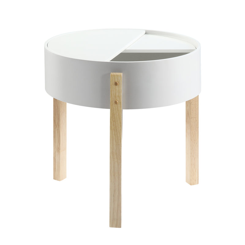 Élégante table de bout ronde à pieds noirs avec plateau blanc naturel et rangement en bois naturel robuste et caché