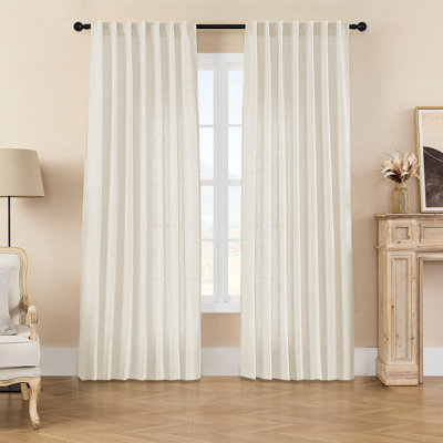 Rideaux en lin pour le salon, passe-tringle filtrant la lumière à languette semi-diaphane avec fenêtre à rideaux 90 pouces de long ivoire