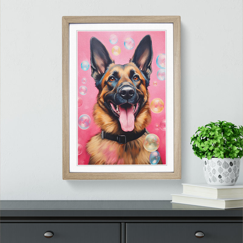 German Shepherd Bubble Gum - Single Picture Frame Print on Wood, 34cm H x 25cm W x 2cm D, Oak