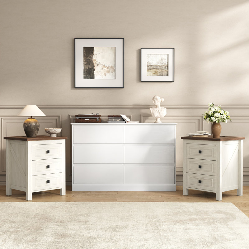 Ensemble de chambre à coucher 3 pièces avec commode à 6 tiroirs de 47,2 po et tables de chevet à 3 tiroirs avec stations de recharge