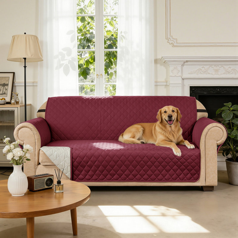 Housse de canapé pour canapé à 3 coussins, housse de canapé antidérapante pour chiens, housse de protection de meuble avec sangles en mousse et sangles élastiques pour chat (canapé, vin)