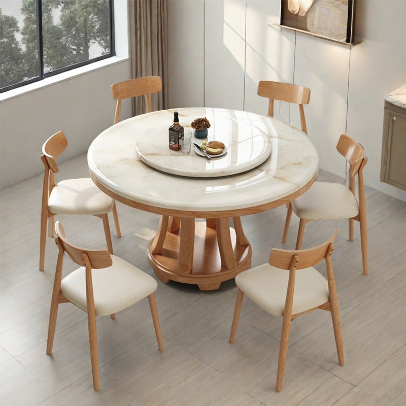Simple Wood Artificial Marble Dining Table Sets., 7 Pieces: Table, 6 Chairs, 30.3"H x 53.1"L x 53.1"W