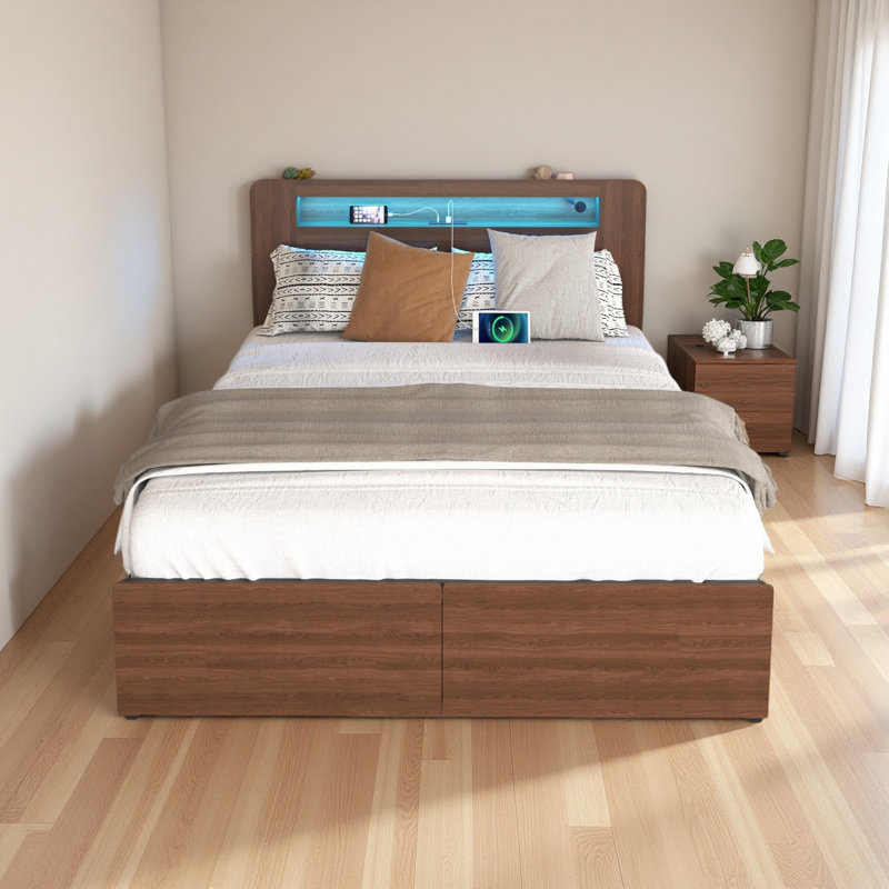 Base de lit en bois de style campagnard avec tablette et 2 tiroirs de rangement, tête de lit à DEL avec rangement, sans bruit, aucun sommier requis et assemblage facile