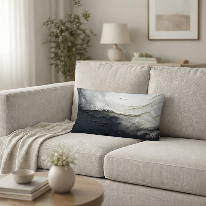Coussin décoratif crème imprimé - Minimalisme peinture en noir et blanc Wave I, H 12 po x l 20 po