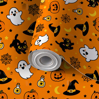 Papier peint adhésif repositionnable Halloween Fantômes Chats Citrouilles Toiles d'araignée Fantômes et chats joueurs Papier contact amovible et autocollant Revêtement mural décoratif Idéal pour les locataires, à faire soi-même pour chambre, salon, cuisine, salle de bain, mur d'accent