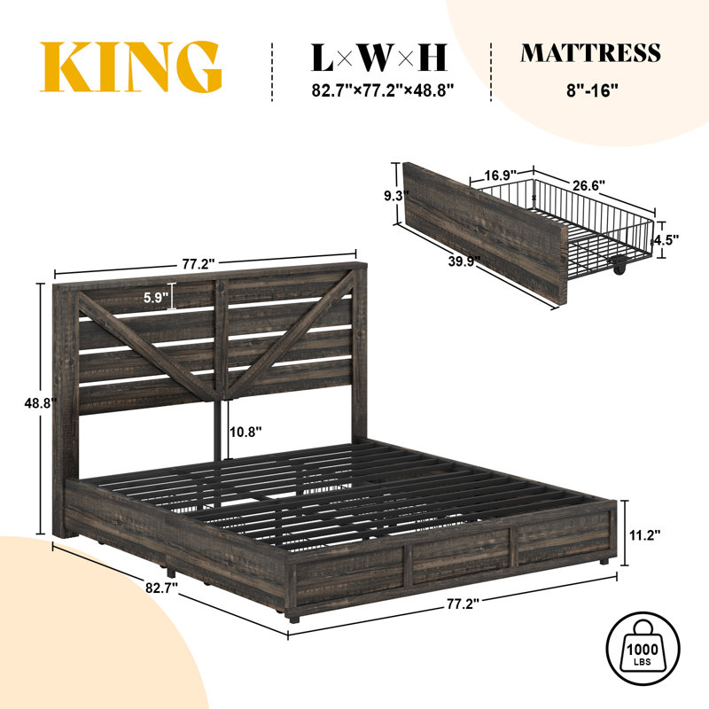 Oceant Farmhouse King Size Bed Frame with 4 Drawers, Black, Black, King