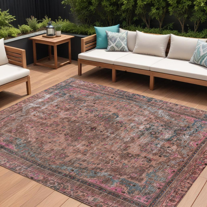 10' X 14' Pink And Mauve Medallion Washable Indoor Outdoor Area Rug