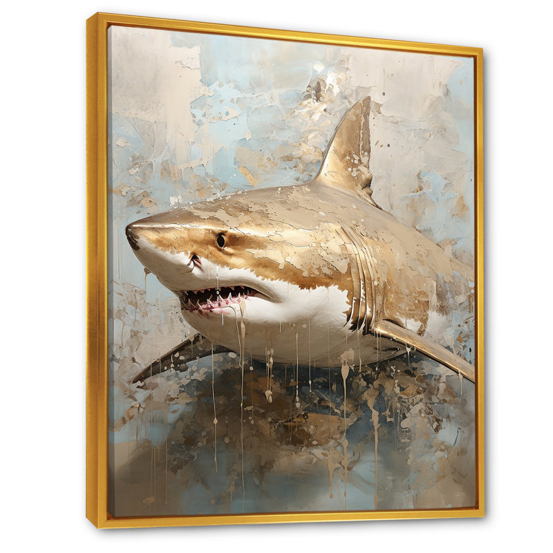 Peinture de requin minimalisme en beige doré sur toile, Cadre photo noir, H 32 po x l 24 po