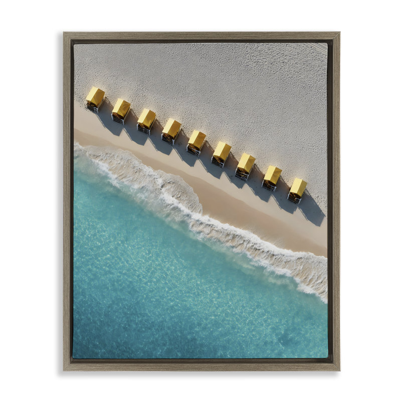 Cadre flottant de cabanes jaunes le long de la côte, design par Franklyn Gregory, 21 x 17, Montalcino Elm Floater Framed
