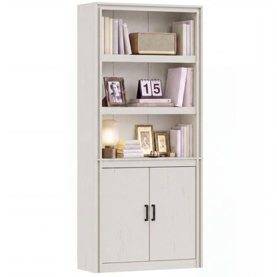 Bibliothèque de ferme avec portes d'armoire, grande bibliothèque autoportante avec 3 tablettes ouvertes et armoire de rangement à double porte inférieure, tablette de présentation d'aspect bois vieilli pour le bureau à domicile