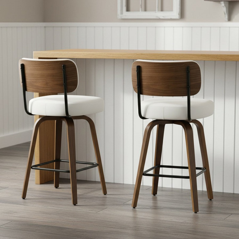 26" Swivel Upholstered Counter Stool with Walnut-Finish Bentwood Frame, White, 2