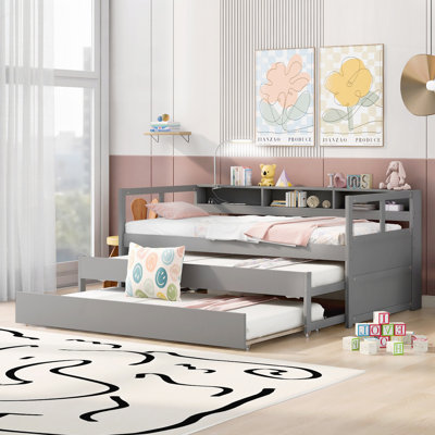 Twin XL Wood Daybed with 2 Trundles, 3 Storage Cubbies, 1 Light for USB Charging Design by Lark Manor
