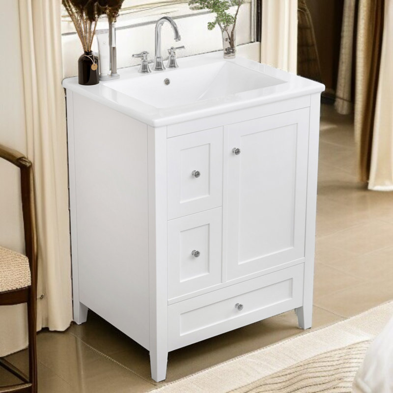 24" Single Bathroom Vanity Set With Ceramic Top, White, Silver