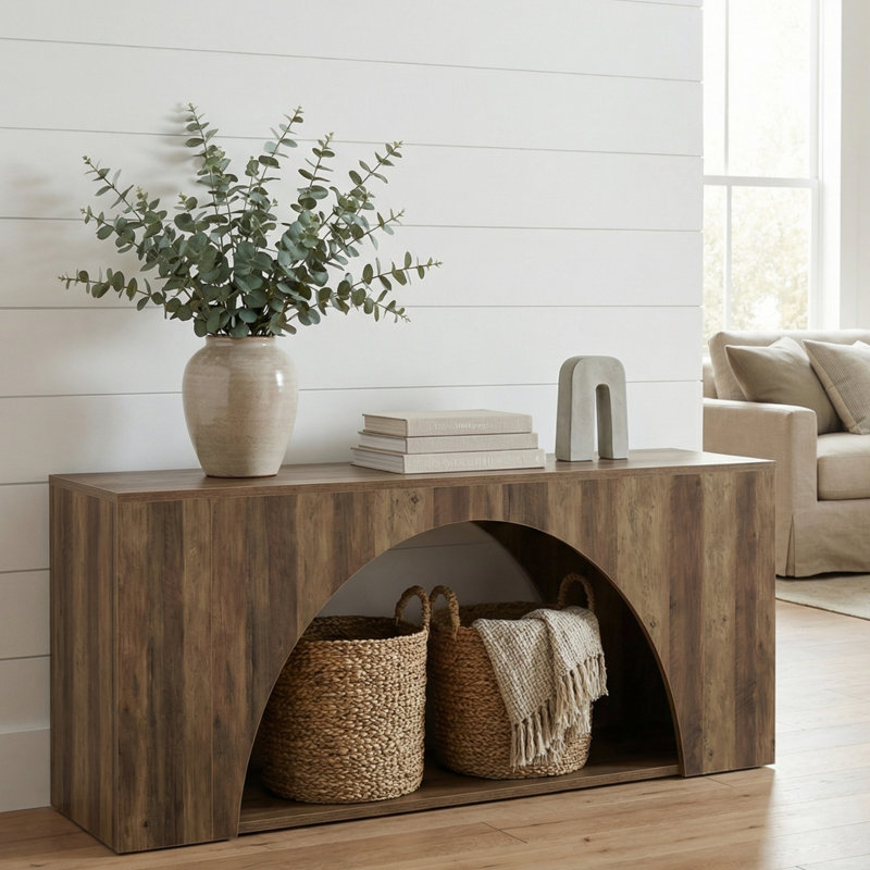 Wooden Console Table With Storage Shelves, 62.99" Modern Entryway Table Sofa Table With Arched Design