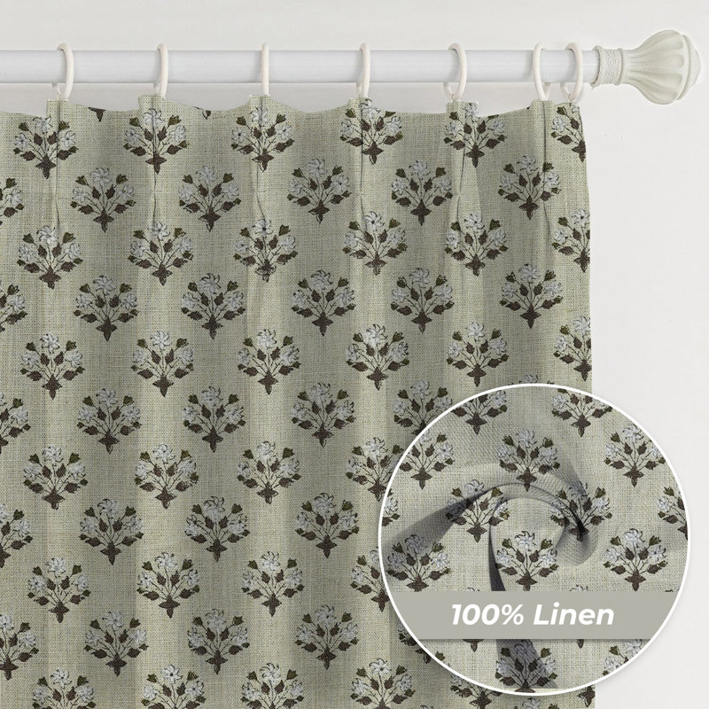 Fabdivine Brown or White Handmade Floral Block Print Curtain Linen 27x120 Inches, Pleated Pinch Drape, Home Décor 100% Blackout for Elegant Bedroom, Kitchen or Patio, Diwali Flower