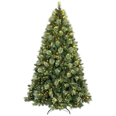 7ft Pre Lit Carolina Pine Artificial Christmas Tree with 500 Warm White Lights, Pine Cones, 1355 Mixed PE PVC Branch Tips and Foldable Metal Stand
