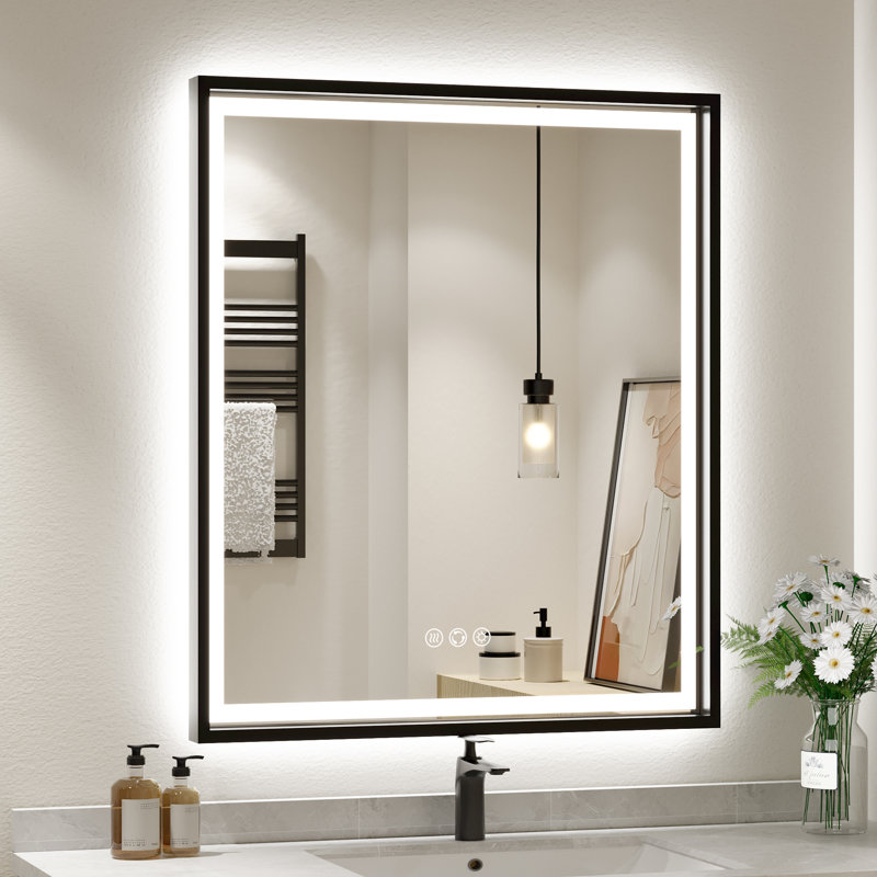 Miroir de salle de bain super lumineux, 36 po x 30 po, Noir, noir, noir, noir