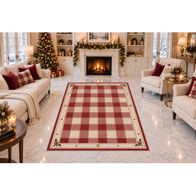 "Ultra Thin" 5' x 7' Soft Tartan Grid with Tiny Snowflakes Christmas Area Rug for Living Room, Bedroom and Home Office, Soft Low Pile Indoor Carpet with Non-Slip Silicone Backing