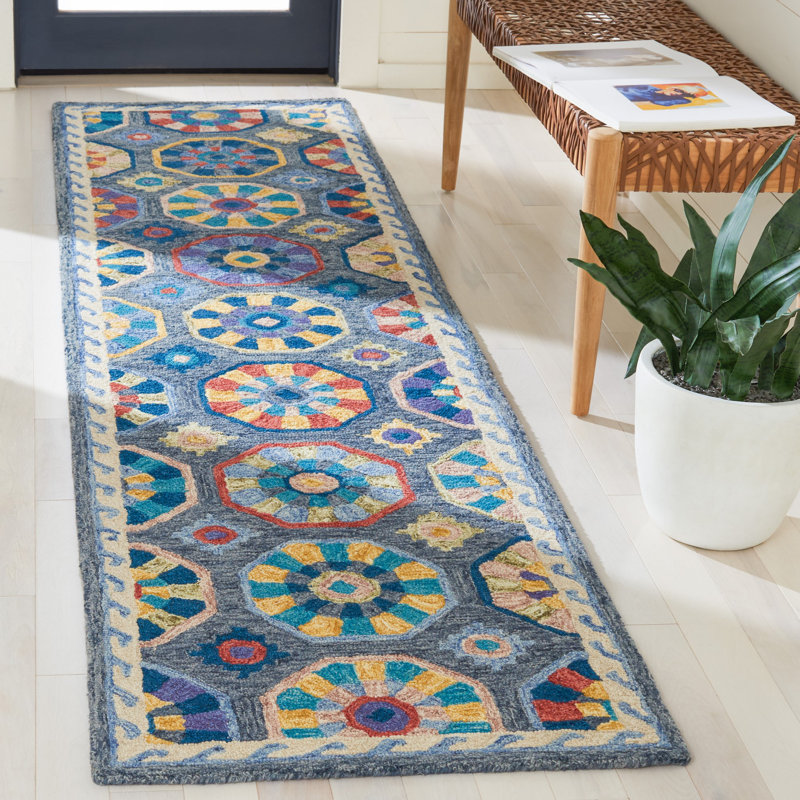 Tapis géométrique en laine et coton touffeté à la main Cyriel, Tapis de couloir 2 pi 3 po x 9 pi