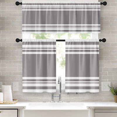 Ensemble de rideaux de cuisine, paquet de 3, rideaux rayés gris à rayures modernes avec passe-tringle