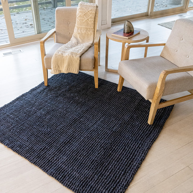 Tapis bleu marine en jute tissé à la main Pata, Carré 6 pi