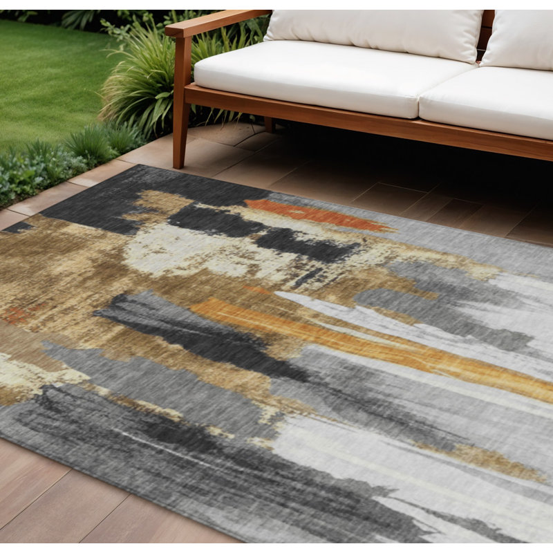 Tapis intérieur lavable abstrait noir et doré 8 pi x 10 pi