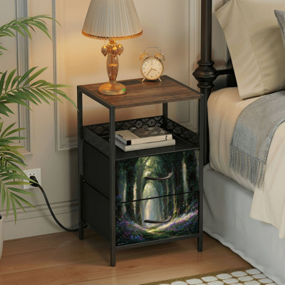 Table de chevet 2 tiroirs avec station de charge, table de chevet pour chambre à coucher avec ports USB, tablette ouverte noire, table de chevet avec route de floraison en forêt Magic Spring