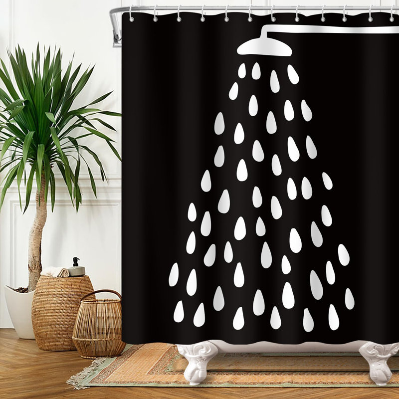 Rideau de douche noir et blanc Pomme de douche amusante et gouttes d'eau pour la salle de bain Rideau en tissu de polyester imperméable lavable à la machine pour la salle de bain avec 12 crochets 72 x 72 pouces