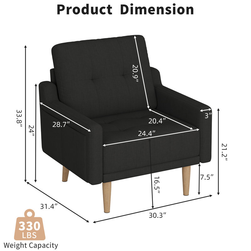 Mid Century Modern Accent Chair ，Upholstered Armchair，Comfy Reading Chair with Wood Legs, Black 