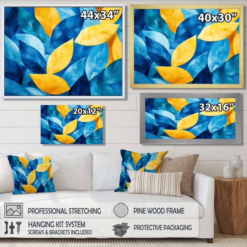 Bleu, jaune, numérique, feuilles, feuilles II - feuilles, art mural, H 16 po x l 32 po, Doré