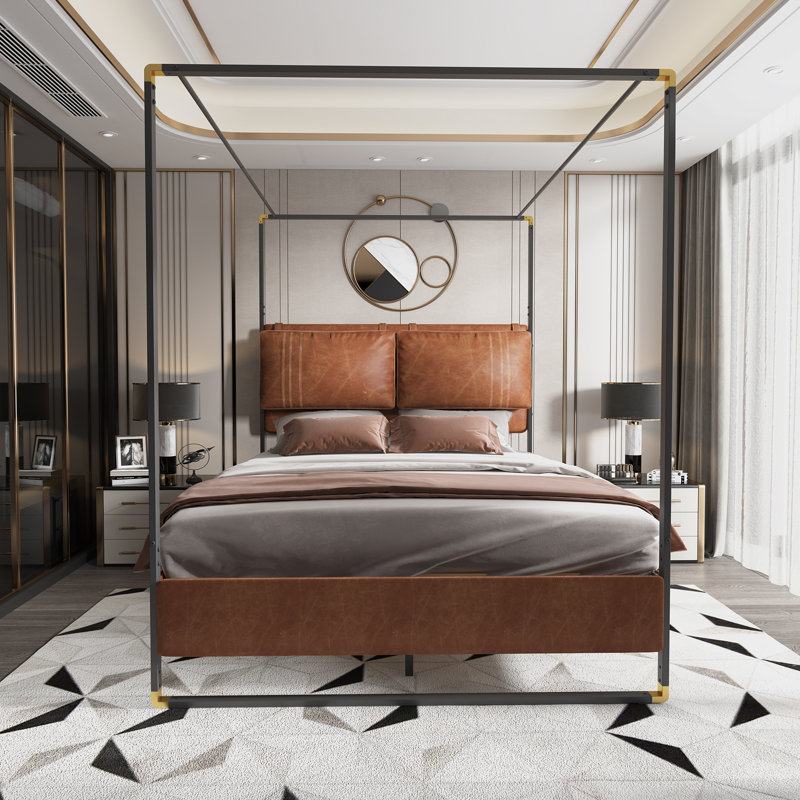 Vegan Leather Metal Canopy Bed, Queen, Brown