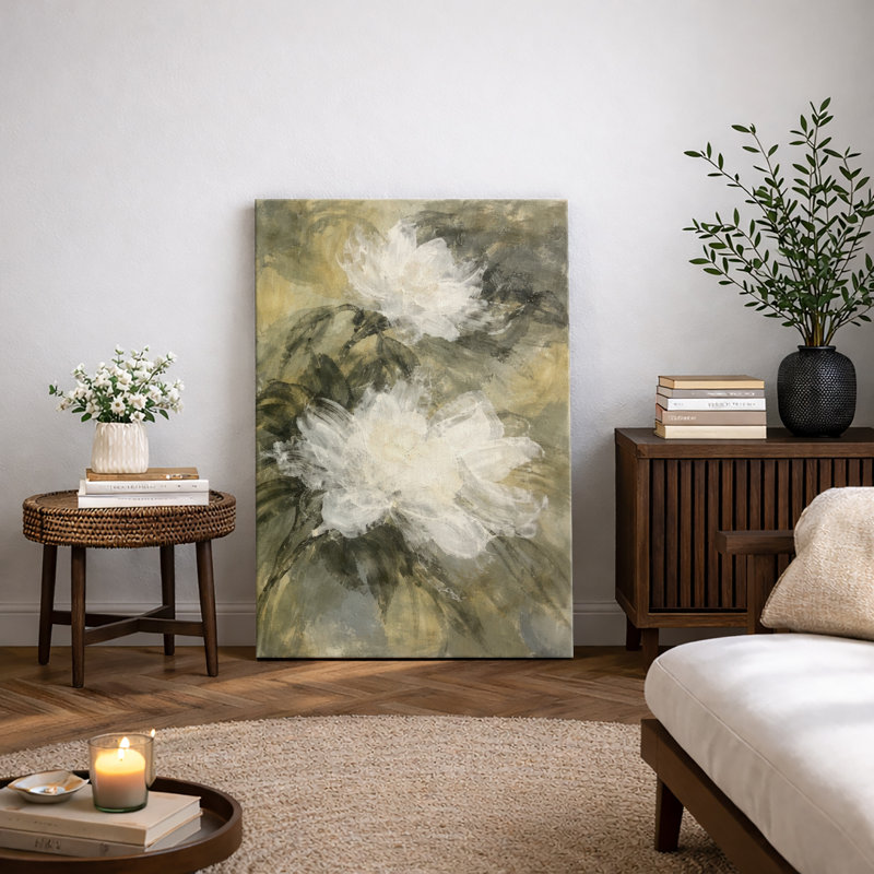 «Neutral White Floral Abstract Art», images de chambre à coucher, impression sur toile encadrée, H 36 po x l 24 po