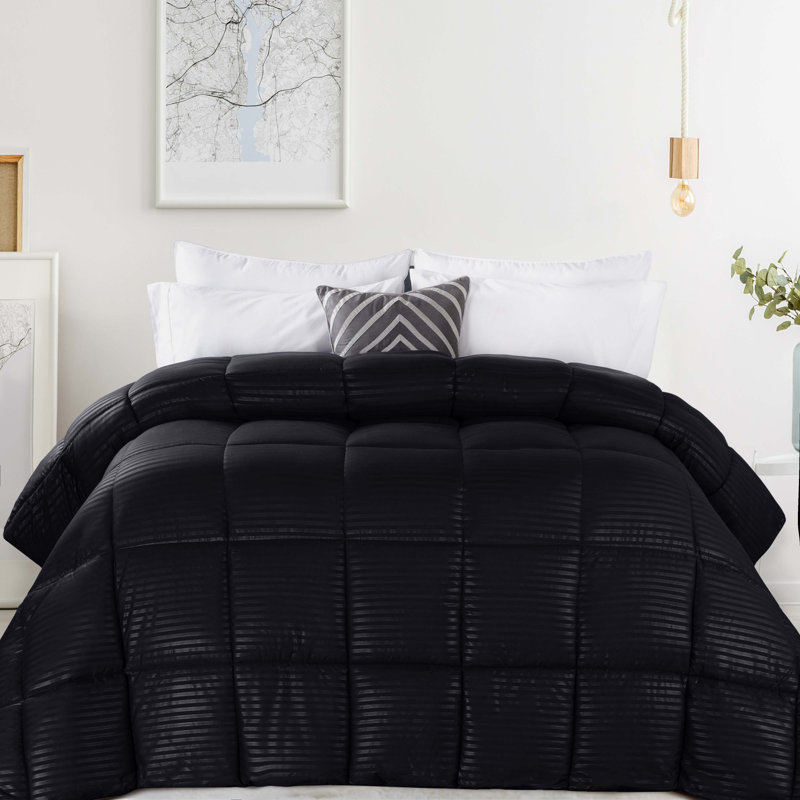 Striped Reversible Box-Quilt Brushed Microfiber Medium Weight Down Alternative Comforter, Black, Full/Queen Comforter