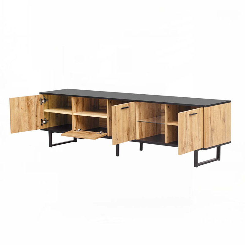 Wood Top TV Stand  With 4 Cabinets, Open Shelves