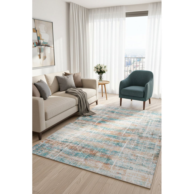 Tapis décoratif rayé vert, orange et beige, Rectangle 9 pi 11 po x 13 pi 2 po