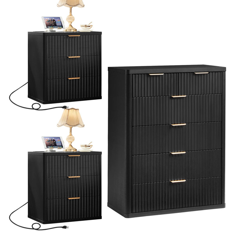 Ensemble de 3 commodes et tables de chevet cannelées, meubles de chambre à coucher en bois modernes, commode à 6 tiroirs de 42 po de hauteur et table de chevet à 3 tiroirs avec station de charge