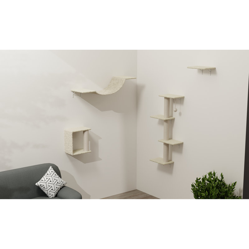 Meuble pour chat 4 pièces avec tablettes, pont, marches et arbre en corde, fabrication de panneaux de particules, configuration verticale peu encombrante, bricolage réglable pour la peau des chats, conception à plusieurs niveaux, assemblage facile