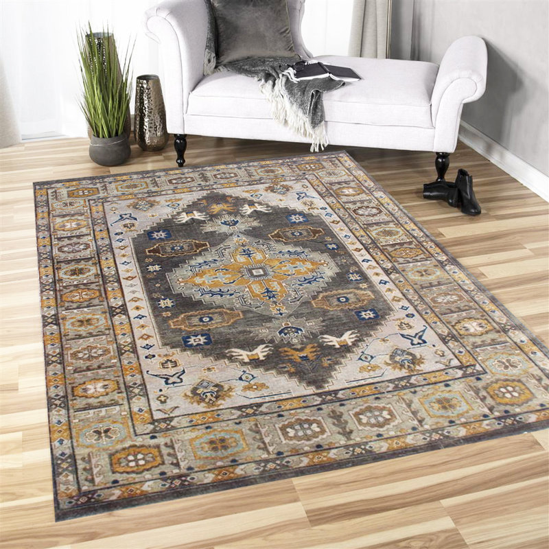 Tapis gris anthracite et vert en laine noué à la main Oushak - motif à médaillon traditionnel avec bordure ivoire, tapis de style oriental rétro