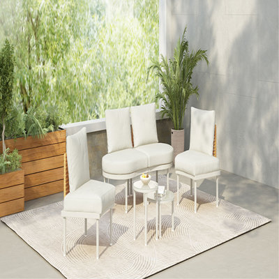 Ensemble de meubles de patio 6 pièces, canapé modulaire d'extérieur demi-lune avec 2 tables basses haute et basse, rotin en osier PE, verre trempé, 4 coussins et coussins pour la cour, le jardin et la piscine