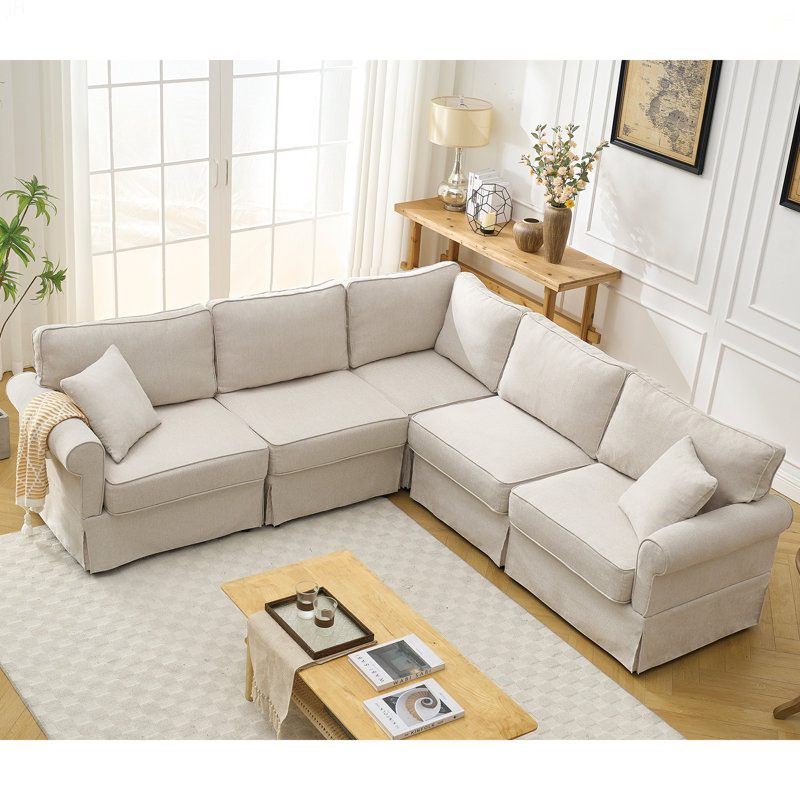 Ensemble de canapé modulaire modulaire, canapé convertible en forme de L, 5 sièges, canapé modulaire réversible, rembourré, canapé d'angle, accoudoirs roulés, tissu en lin doux