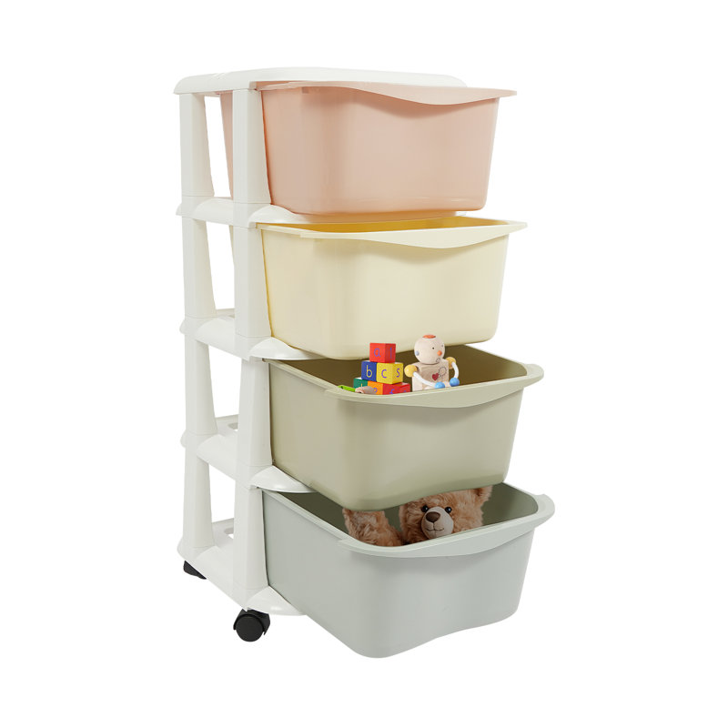 4 Drawer Storage Drawer with Wheels, White/Pink/Yellow/Green/Blue