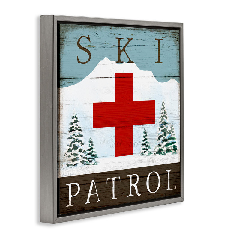 Enseigne rustique Ski Patrol, Cadre flottant métallique doré, H 25 po x l 25 po