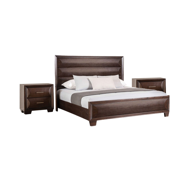 Ensemble de chambre à coucher pour très grand lit 3 pièces, brun espresso, bois doré, 2 tables de chevet