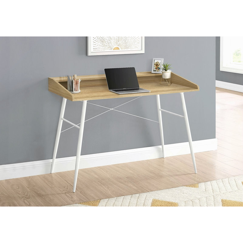 Bureau d'ordinateur, bureau personnel, ordinateur portable, tablettes de rangement, L 48 po, travail, stratifié naturel, métal blanc, contemporain, moderne