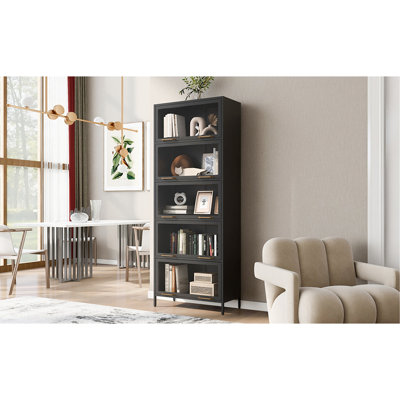 Vitrine de 76,75 po en fer avec portes en verre, bibliothèque à 5 niveaux en acier avec lumières DEL pour objets de collection, vitrine de style moderne pour la maison, le salon, le bureau, la salle de jeux et d'étude - noir