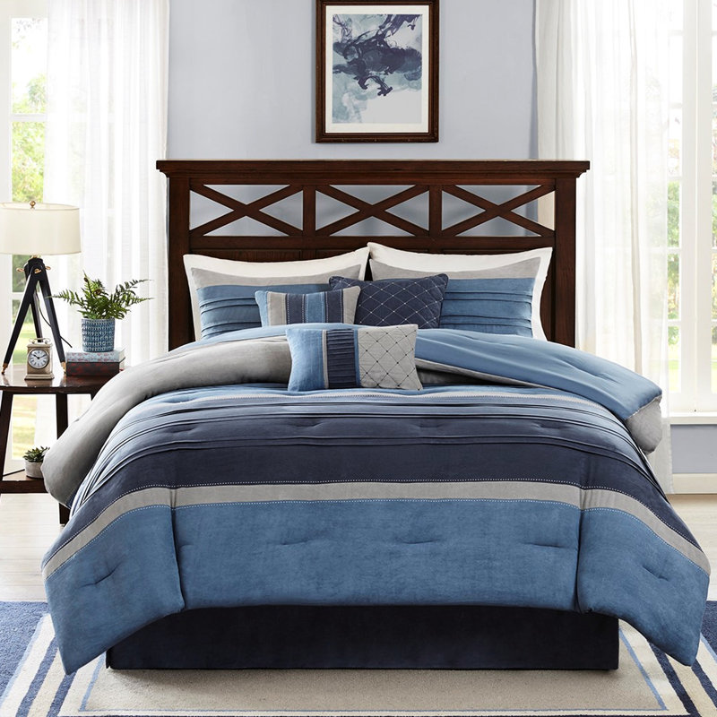 Ensemble de literie en microsuède 7 pièces - bleu marine pour très grand lit, rembourrage, ensemble de coussins décoratifs, 1 édredon, 2 coussins, taie décorative