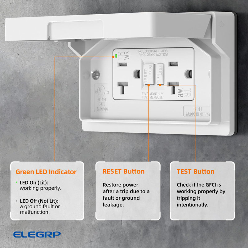 Prise GFCI avec couvercle extérieur horizontal, prise double résistante aux intempéries 20 ampères 125 V, homologuée UL, blanc mat 1 PC