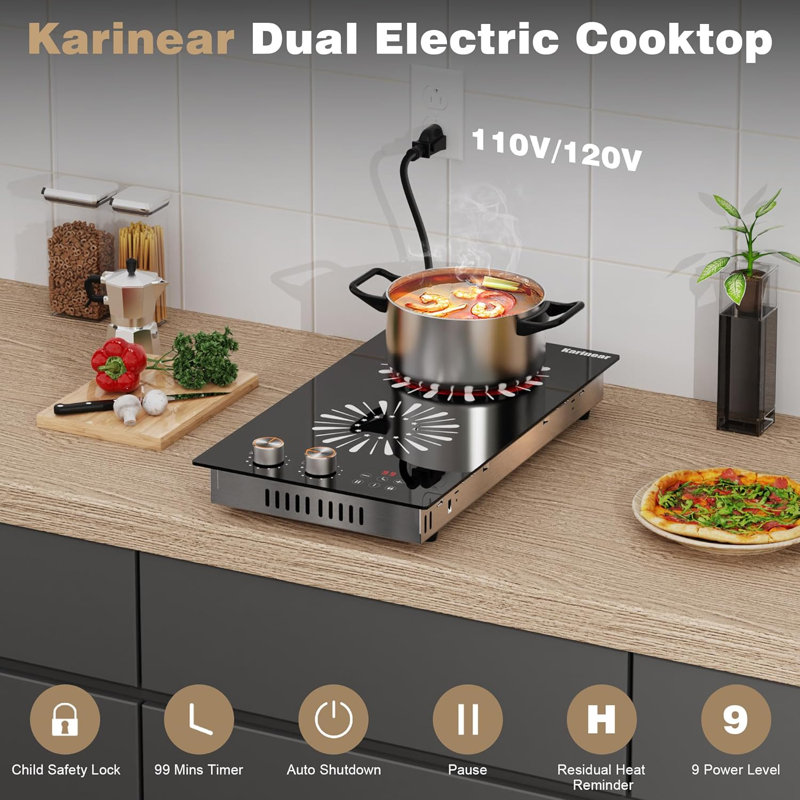 Karinear Electric Cooktop with 110-120V plug,2 Burners,12 Inch