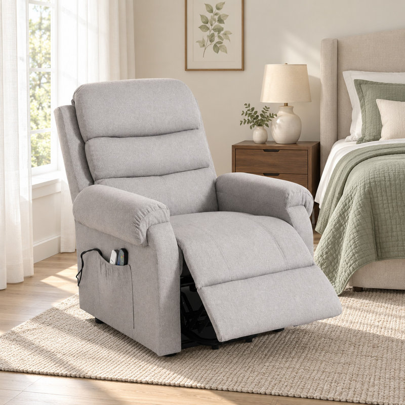 30" W Upholstered Power Recliner with Massage and Heating Side Pockets -Light Gray, Light Gray